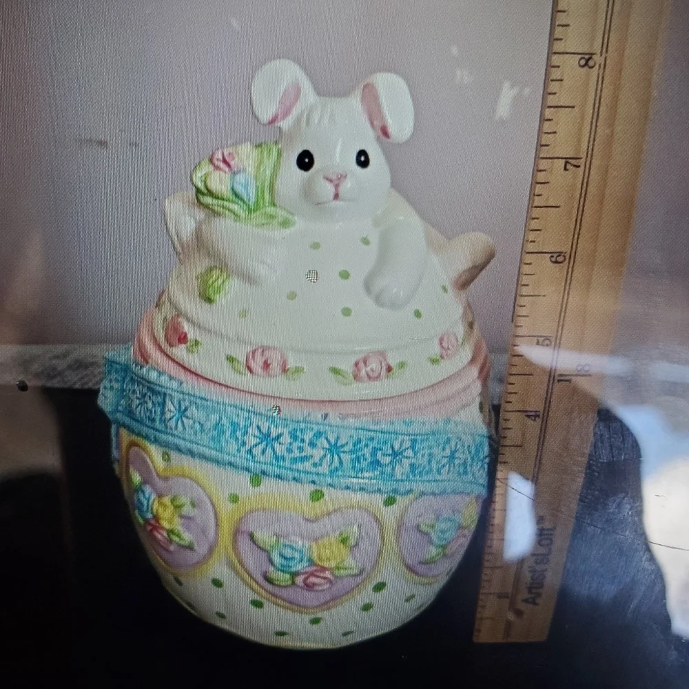 Ceramic Bunny Cookie Jar With Floral & Heart Details Pastel Colors Spring/Easter